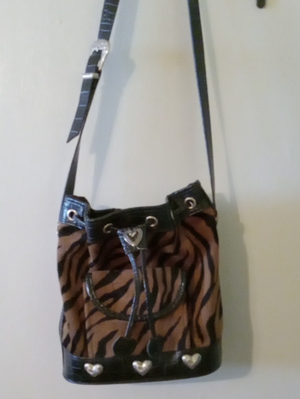 Vintage Brighton Style/w Hearts Brown Black Zebra-Print Drawstring Crossbody Bag